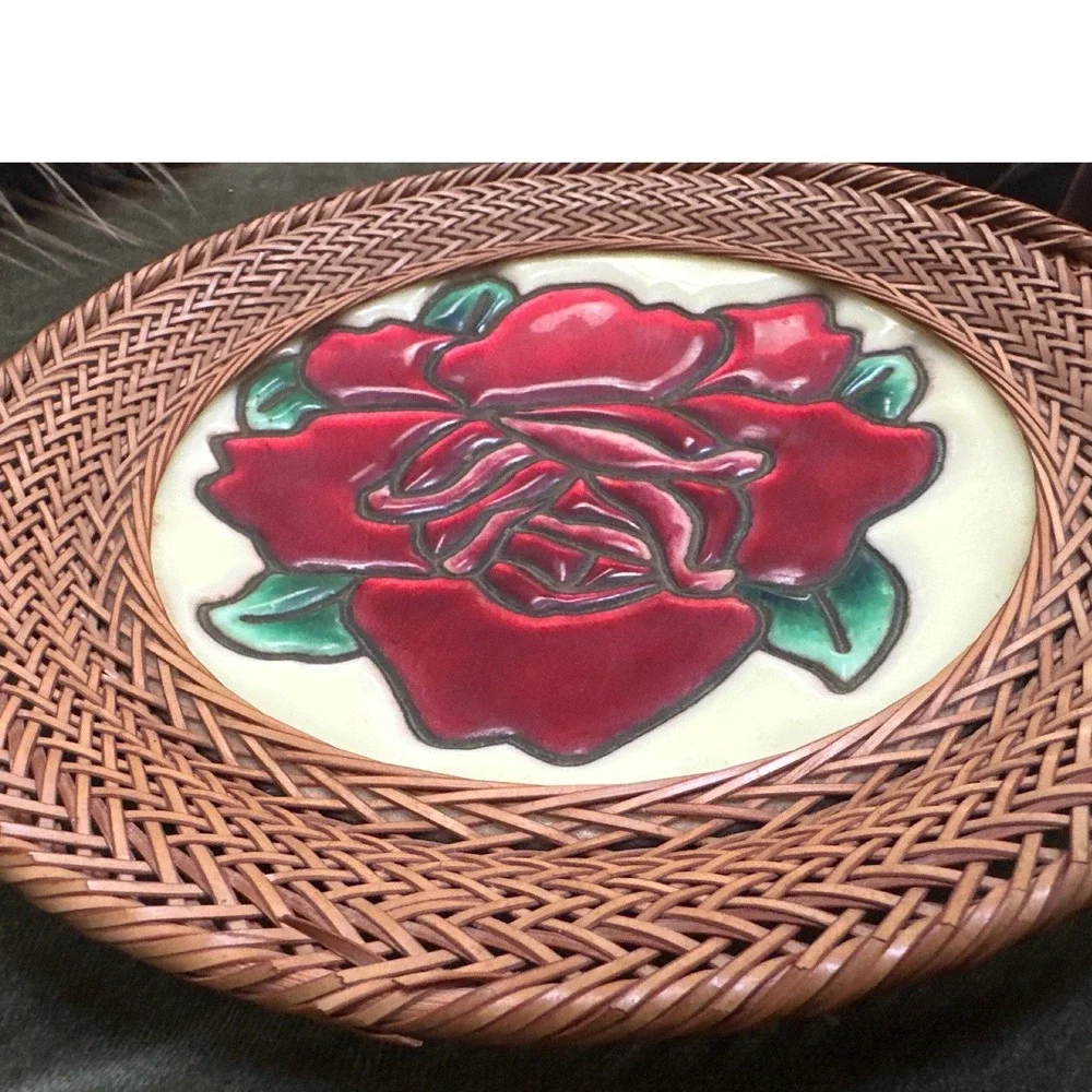 Vintage Japanese Cloisonne Enamel Moriage Plate Woven Bamboo Border red rose